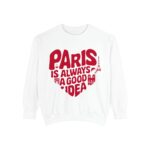 Women’s Comfort Colors Sweatshirt – “Paris is Always a Good Idea” in Heart Shape – Eiffel Tower, Arc de Triomphe, Notre Dame & Paris Café Design – Paris Lovers French Sweatshirt – White or Dark Gray – Cozy Short Sleeve Women’s Paris Shirt – Francophile Gift for Her – Romantic Paris Travel Outfit – Cute Paris Crewneck for Women – Parisian Style Sweater – Paris Trip Souvenir – Paris Themed Women’s Clothing – Stylish Paris Fashion Sweatshirt - Image 2
