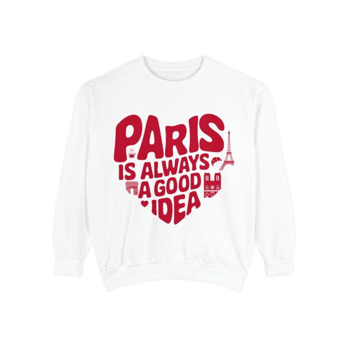 Women’s Comfort Colors Sweatshirt – “Paris is Always a Good Idea” in Heart Shape – Eiffel Tower, Arc de Triomphe, Notre Dame & Paris Café Design – Paris Lovers French Sweatshirt – White or Dark Gray – Cozy Short Sleeve Women’s Paris Shirt – Francophile Gift for Her – Romantic Paris Travel Outfit – Cute Paris Crewneck for Women – Parisian Style Sweater – Paris Trip Souvenir – Paris Themed Women’s Clothing – Stylish Paris Fashion Sweatshirt - Image 2