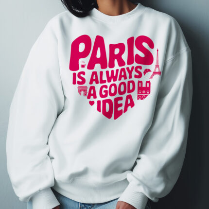 Women’s Comfort Colors Sweatshirt – “Paris is Always a Good Idea” in Heart Shape – Eiffel Tower, Arc de Triomphe, Notre Dame & Paris Café Design – Paris Lovers French Sweatshirt – White or Dark Gray – Cozy Short Sleeve Women’s Paris Shirt – Francophile Gift for Her – Romantic Paris Travel Outfit – Cute Paris Crewneck for Women – Parisian Style Sweater – Paris Trip Souvenir – Paris Themed Women’s Clothing – Stylish Paris Fashion Sweatshirt