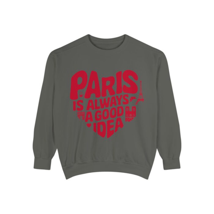 Women’s Comfort Colors Sweatshirt – “Paris is Always a Good Idea” in Heart Shape – Eiffel Tower, Arc de Triomphe, Notre Dame & Paris Café Design – Paris Lovers French Sweatshirt – White or Dark Gray – Cozy Short Sleeve Women’s Paris Shirt – Francophile Gift for Her – Romantic Paris Travel Outfit – Cute Paris Crewneck for Women – Parisian Style Sweater – Paris Trip Souvenir – Paris Themed Women’s Clothing – Stylish Paris Fashion Sweatshirt - Image 5