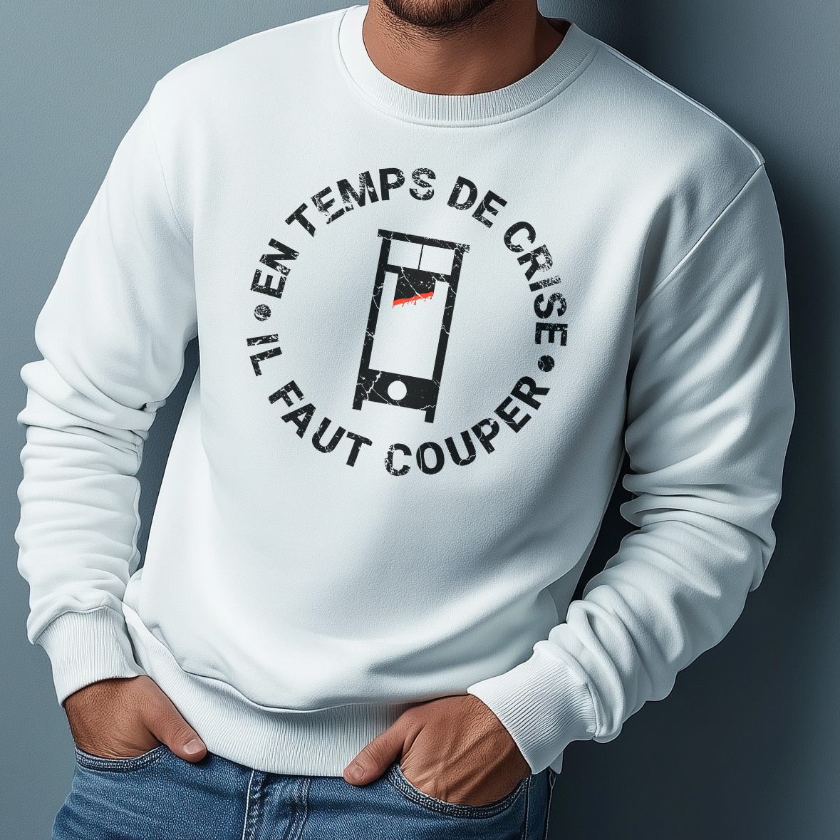 20251213103609-1f0d80f8-9bd8-62ca-bbc6-c2692225f40d-2.jpg French Protest Sweatshirt Guillotine Humor Provocative Paris Text - Image 1